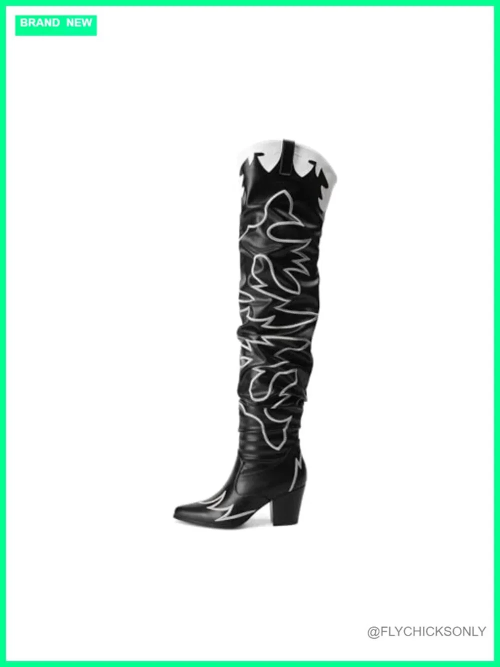 Over the Knee Boots with Chunky Heel, Pointed Toe, Slouchy Shaft, Embroidery,